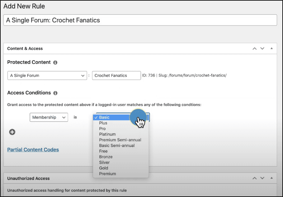 Add New Rule page for "A Single Forum: Crochet Fanatics" with Access Conditions showing "Membership" is "Basic"