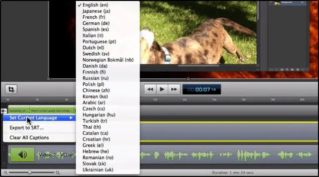 Dropdown list in Screenflow showing various languages to choose from for captions.