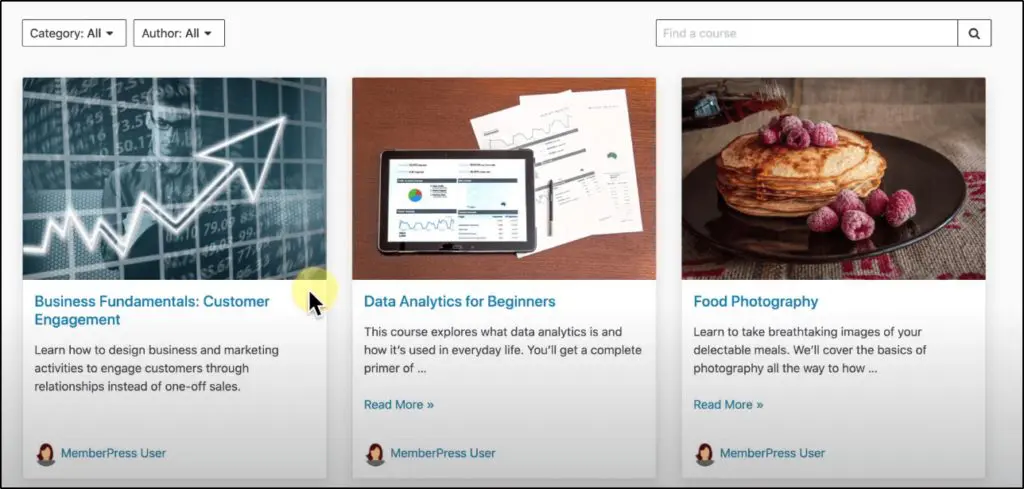 Course page showing three courses with picture, title, and description