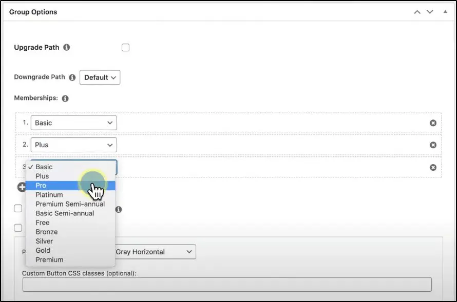Group Options menu to define pricing for membership in MemberPress, option to choose different types of memberships with pricing options