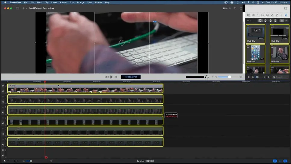 ScreenFlow's timeline view shows recordings from different devices 