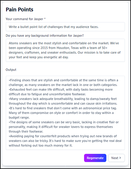 Pain Points form menu to enter your command for Jasper, background info and output