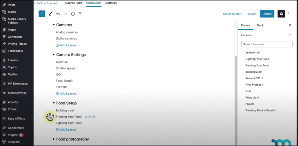 menu in WordPress, Curriculum tab shown with list of lessons for topics: Cameras, Camera Settings, Food Setup, Food Photography