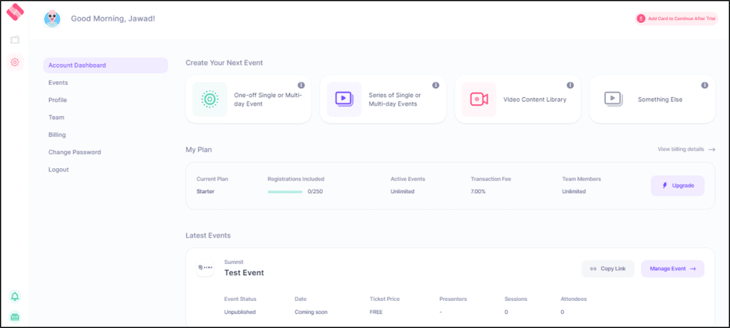 HeySummit account dashboard