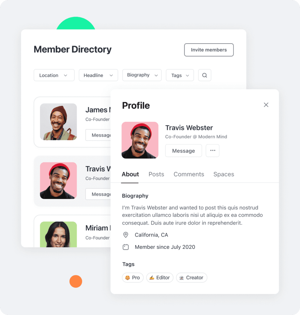 Member directory page, profile of Travis Webster with biography highlighted as an example
