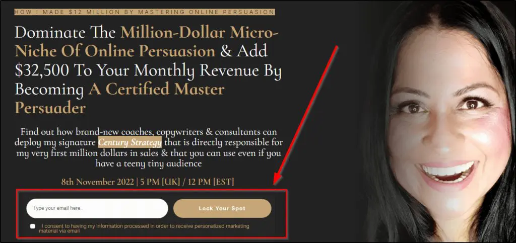 "How I made $12 million by mastering online persuasion" webinar landing page, red arrow pointing to box to input email and "lock your spot"