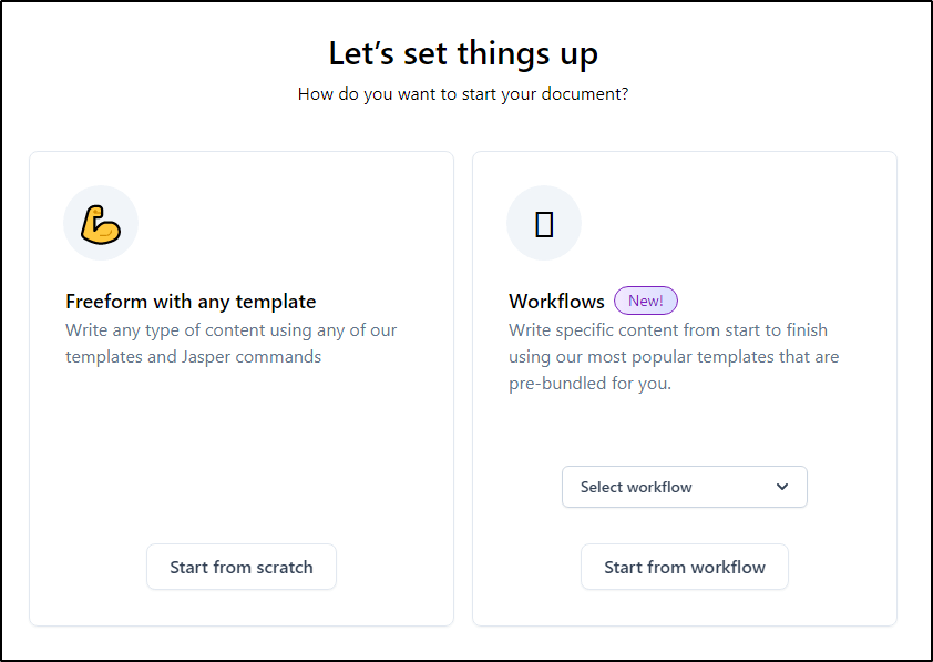 "Let's set things up: How do you want to start your document?" with option to start from scratch (freeform with any template) or start from workflows
