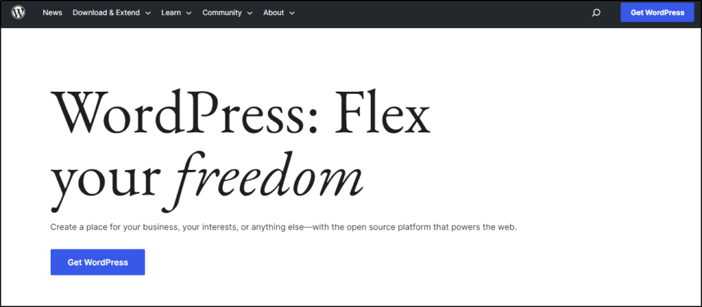 WordPress home page: "WordPress: Flex your freedom"