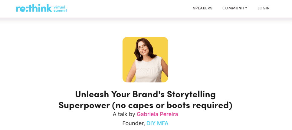 HeySummit dedicated session page: "Unleash Your Brand's Storytelling Superpower (no capes or boots required), a talk by Gabriela Pereira