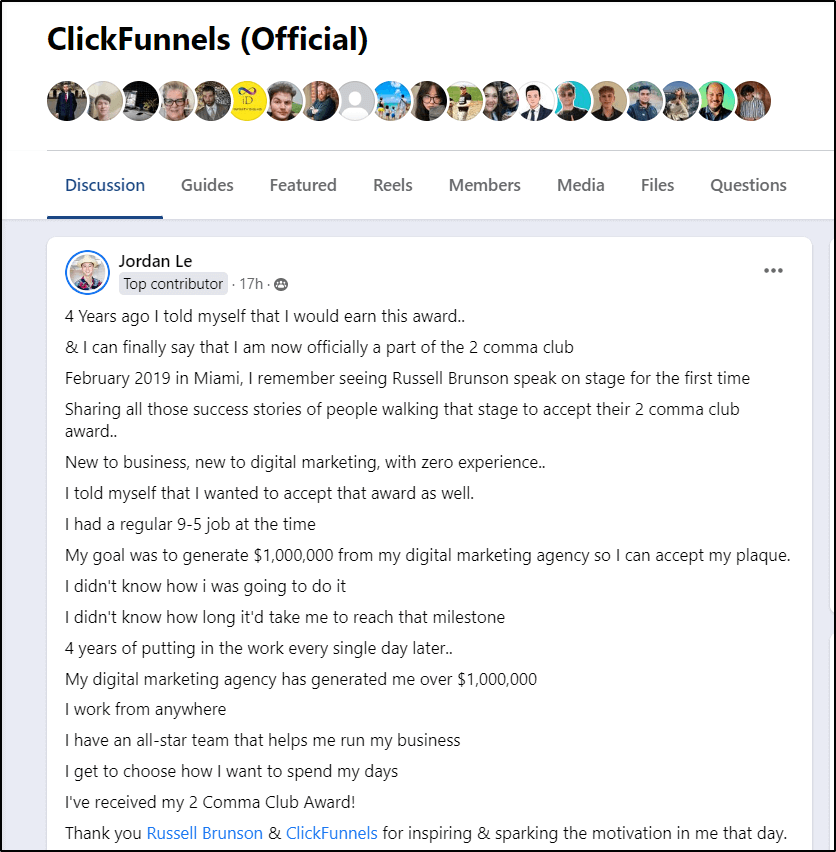 Click Funnels (Official) Facebook group, Discussion tab, Jordan Le, Top Contributor