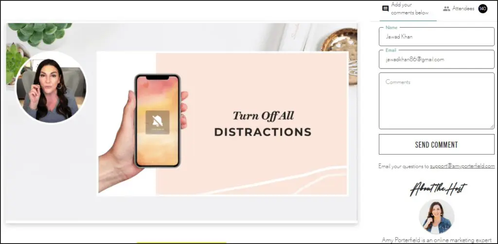 Amy Porterfield webinar funnel "Turn off all distractions" with menu on right for name, email, and comments