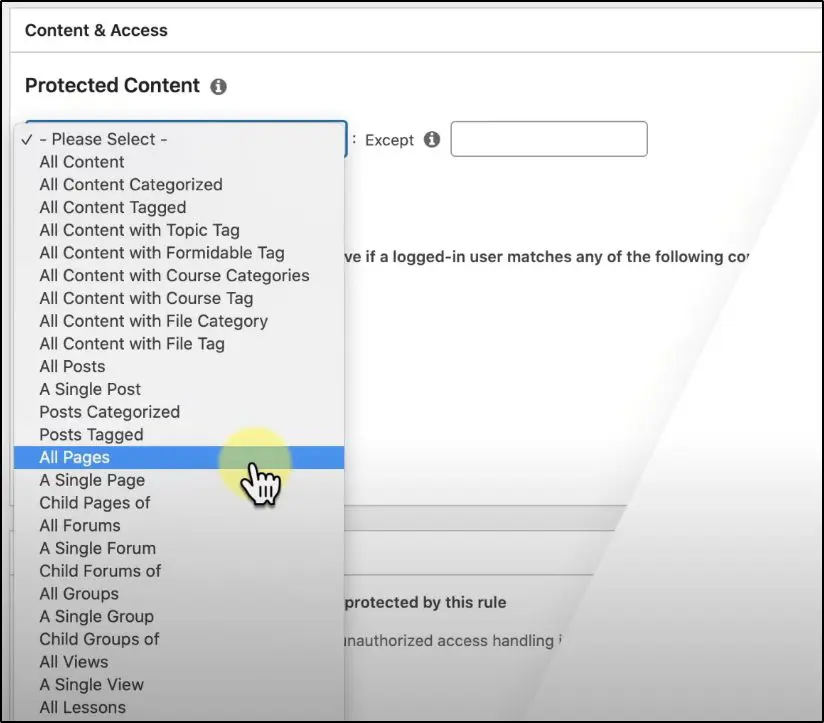 Content & Access menu: Protected Content, menu with options and "All Pages" selected