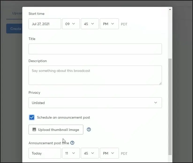 StreamYard pre-recorded stream scheduling menu: "Start time, Title, Description, Privacy"