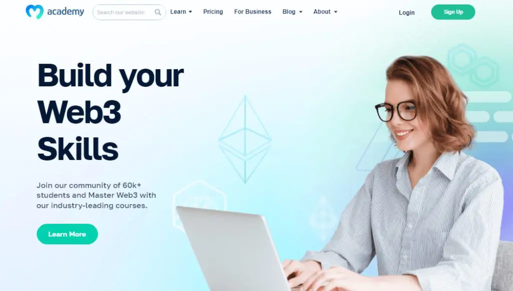 "Build your Web3 skills"  with "Learn more" button, picture of girl on laptop