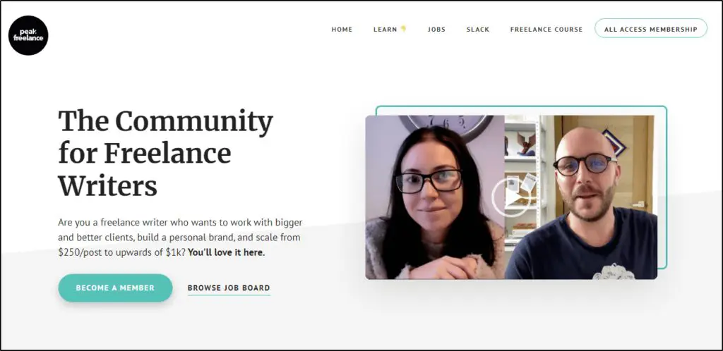 Thinkific Membership Site Example #2: Peak Freelance home page
