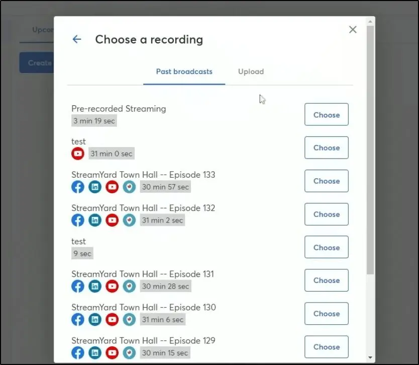 StreamYard pre-recorded streams: "Choose a recording"