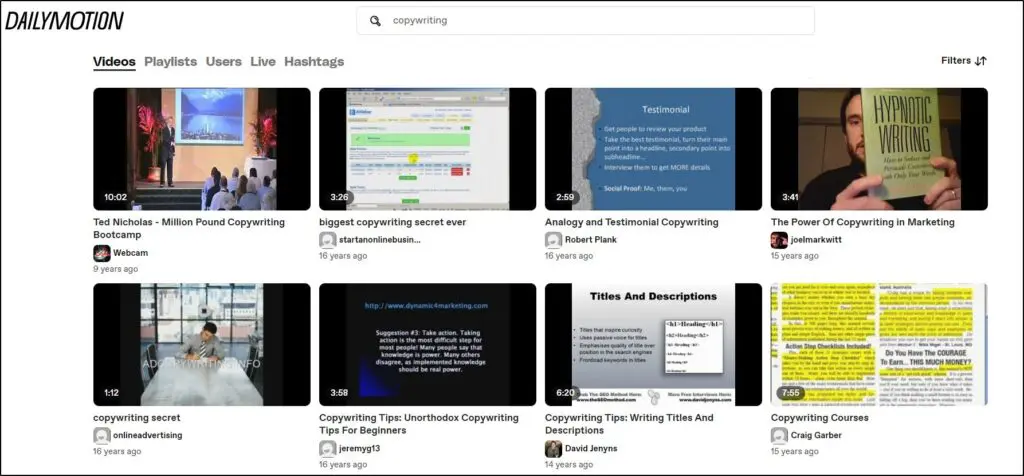 Video thumbnails when search copywriting on Dailymotion