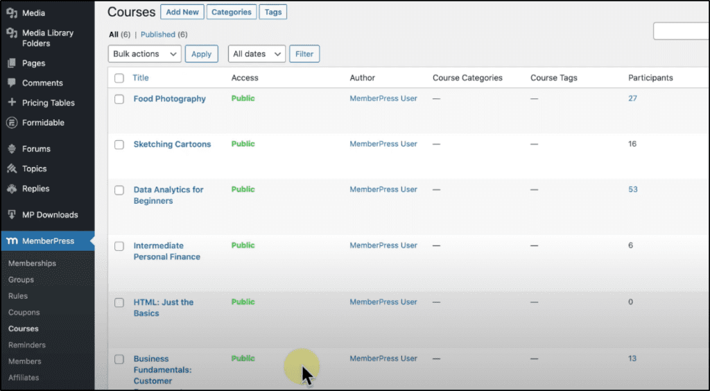 Admin dashboard in WordPress to see courses in MemberPress on the backend. Menu showing titles of all courses, Access, Author, etc. 