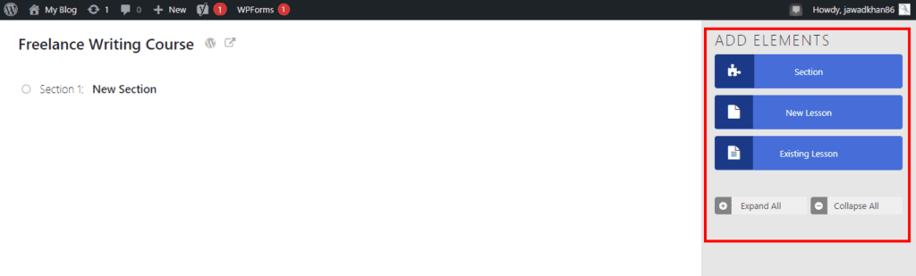LifterLMS page for sections (modules) and lessons.