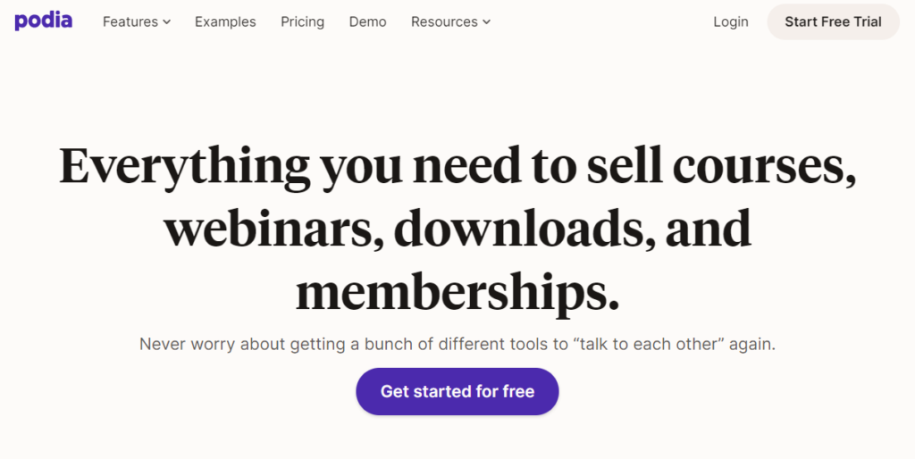 Podia website - start free trial page