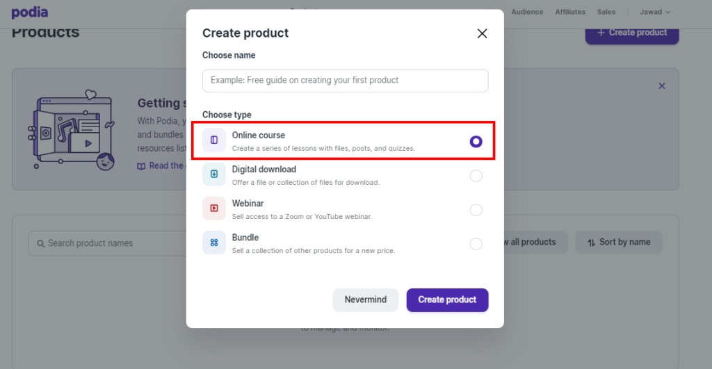Podia page to create products or courses