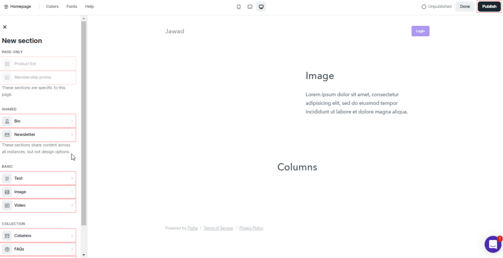 Podia website builder page