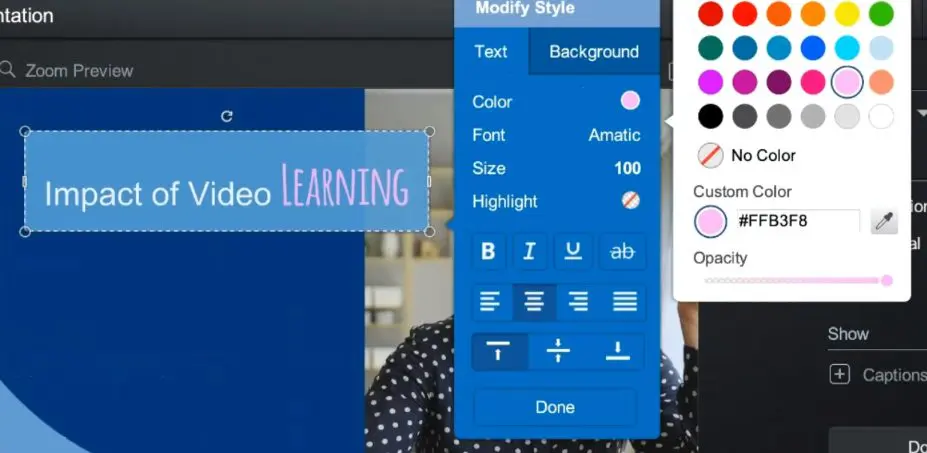 screenshot showing "modify style" menu with options to change text formats, custom color menu selected, text on left side "Impact of Video Learning"