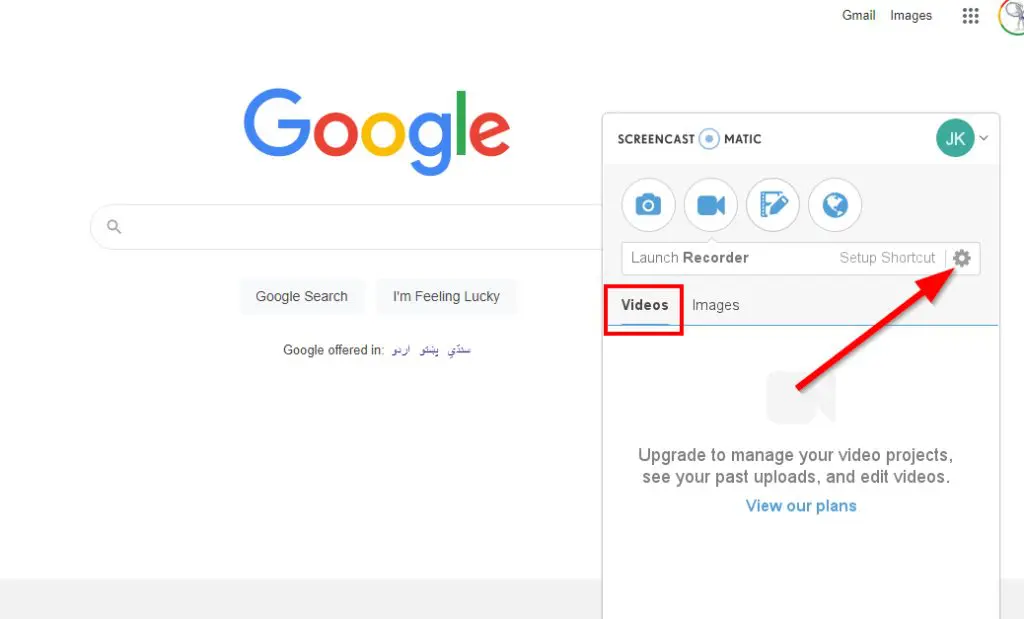 Screencast-O-Matic shortcuts with settings icon 