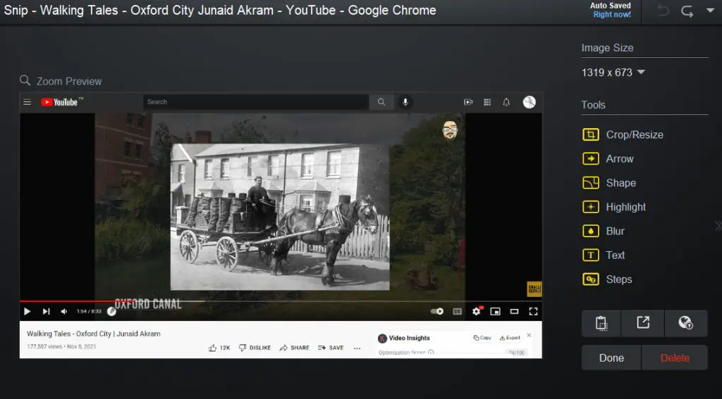 Snip - Walking Tales - Oxford City Junaid Akram -YouTube - Google Chrome - picture pf horse and carriage with man in it in black and white, tools menu on left side