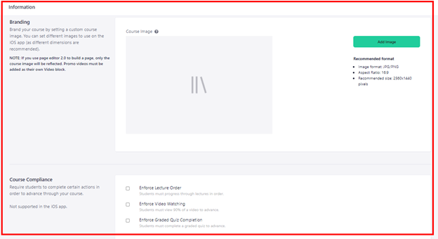 Teachable course's admin page for branding