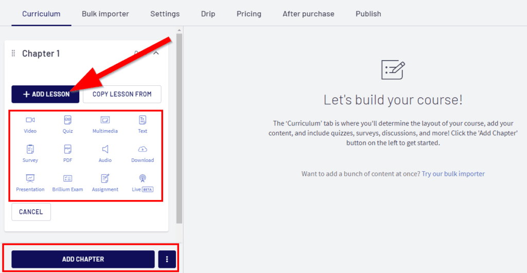 Thinkific page to add lessons