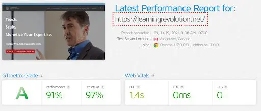 Screenshot of GTMetrix speed test reults for Learning Revolution. 