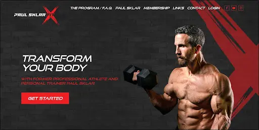 Screenshot of Paul Sklar's online mbership program page; pic of shirtless man lifting weights, "Transform Your Body" text to left with a "Get Started" button