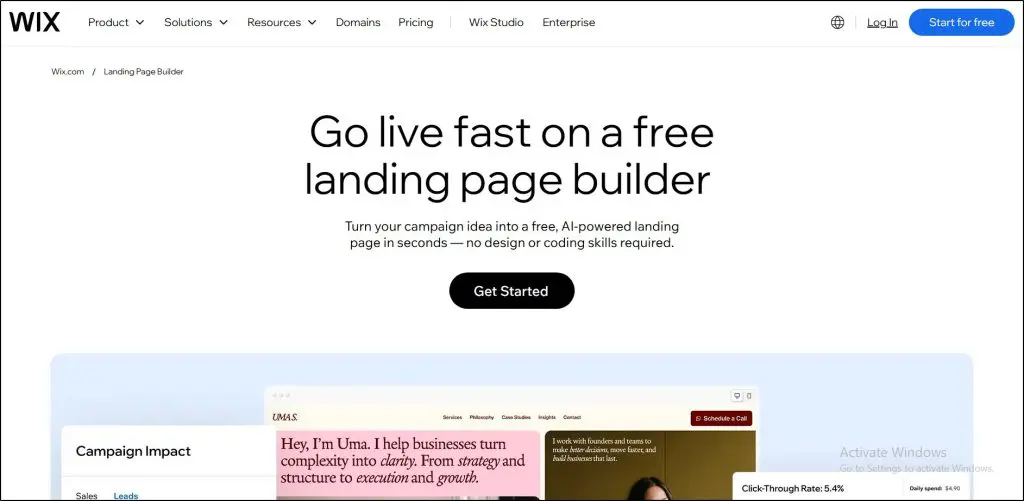 Wix website and landing page builder homepage