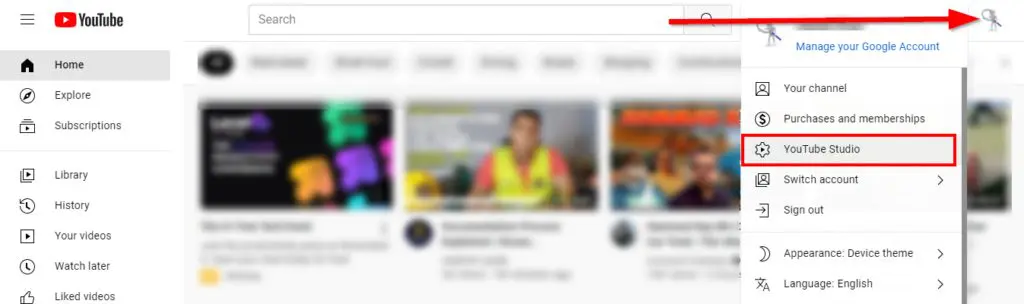 Screen shot of page showing YouTube Studio option