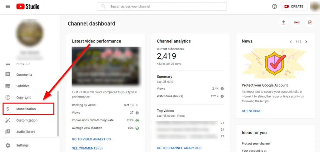 Screen shot of YouTube Studio page showing Monetization option