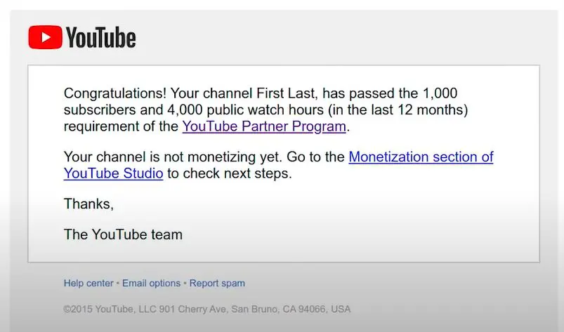 Screen shot of alert received from YouTube when you qualify for their partner program.
