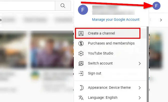 Screenshot of the Create a channel button on YouTube