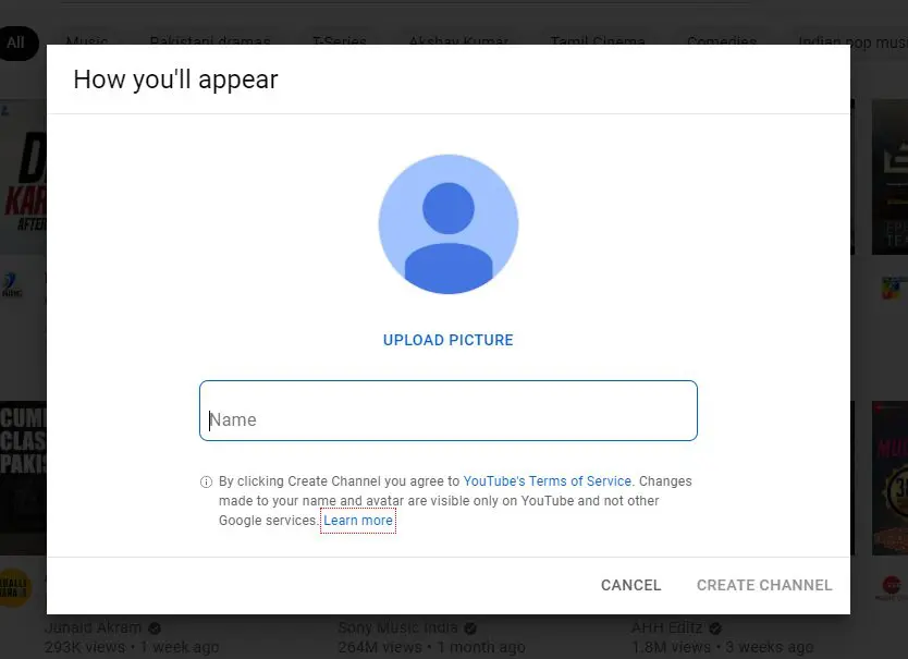 Screenshot of the name editor on YouTube