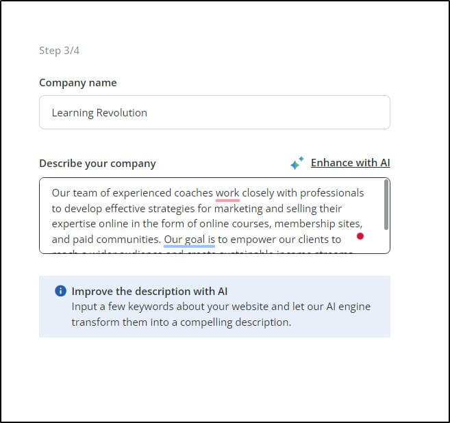 Company Name and description filled out for AI to generate description