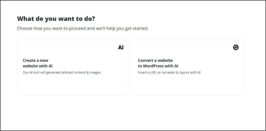 Webpage with two options: create a new website or convert a website