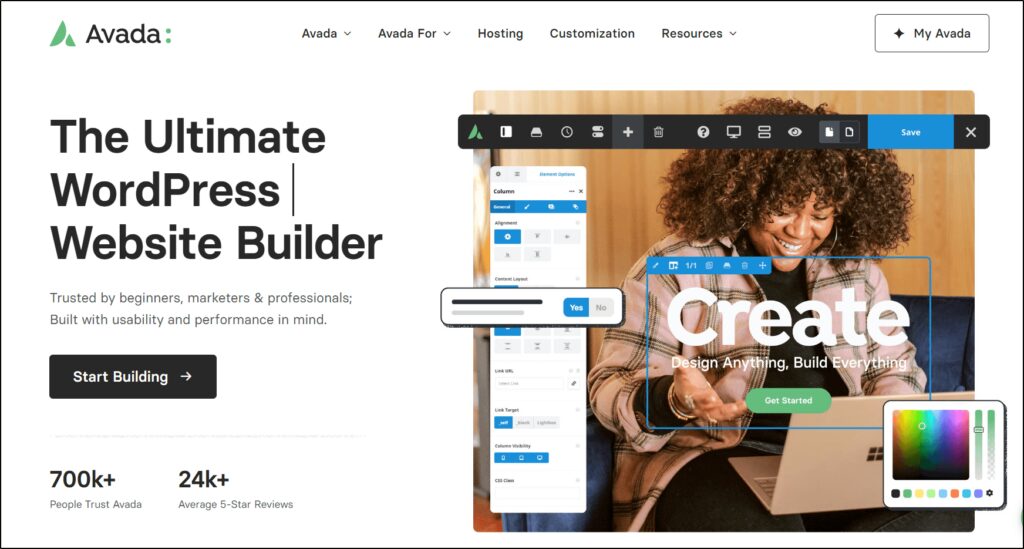 Avada home page "The Ultimate WordPress Website Builder"