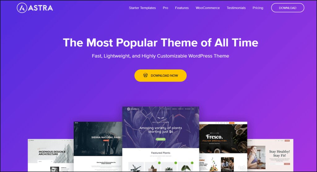 Astra home page "The Most Popular Theme of All Time"