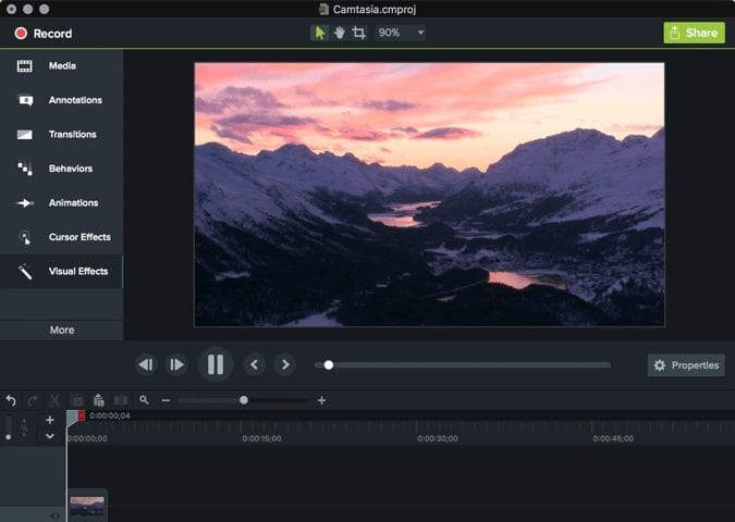 Screen shot of Camtasia with still image of a landscape on Camtsia editing tool