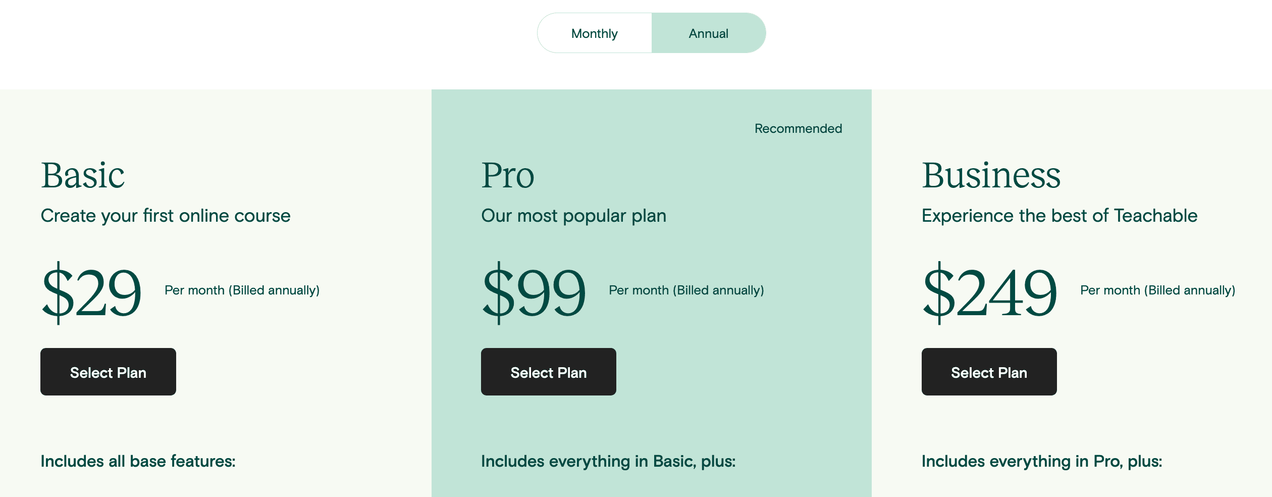 Screenshot of Teachable Pricing options