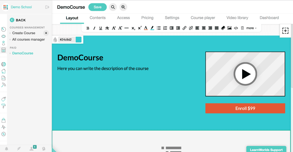 Admin interface for creating a course in LearnWorlds