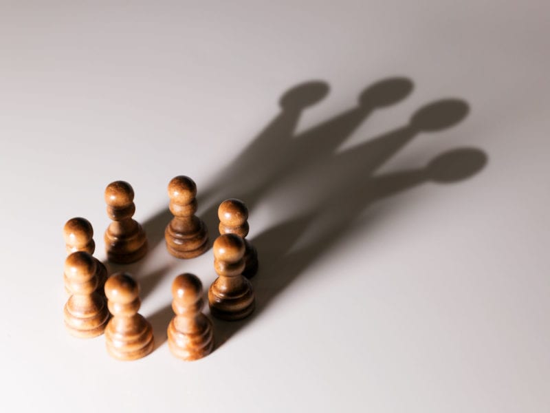 Photo of six chess pieces casting crown shadow for leading learning concept