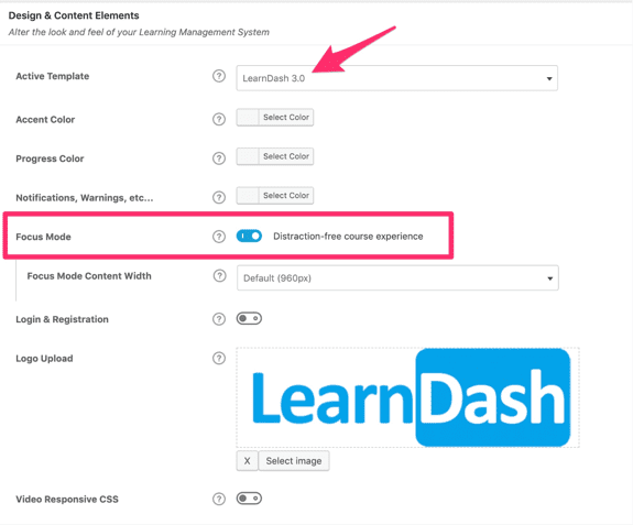 Screenshot of enabled LearnDash focus mode