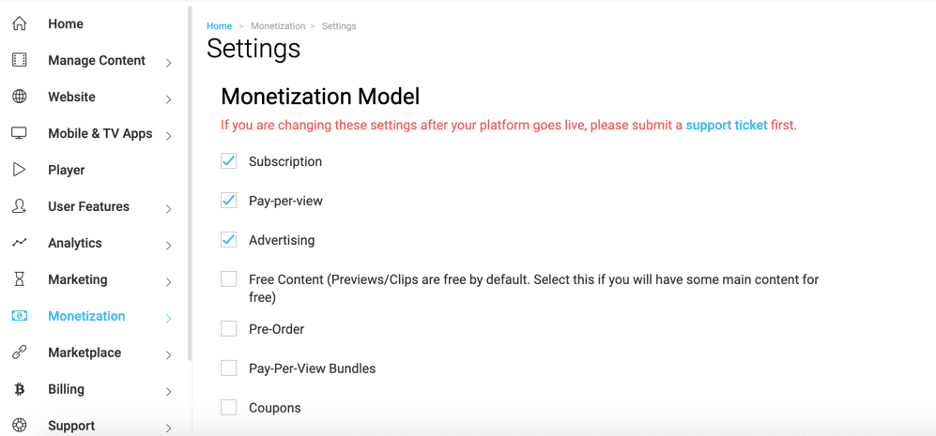 Screenshot of Muvi monetization settings