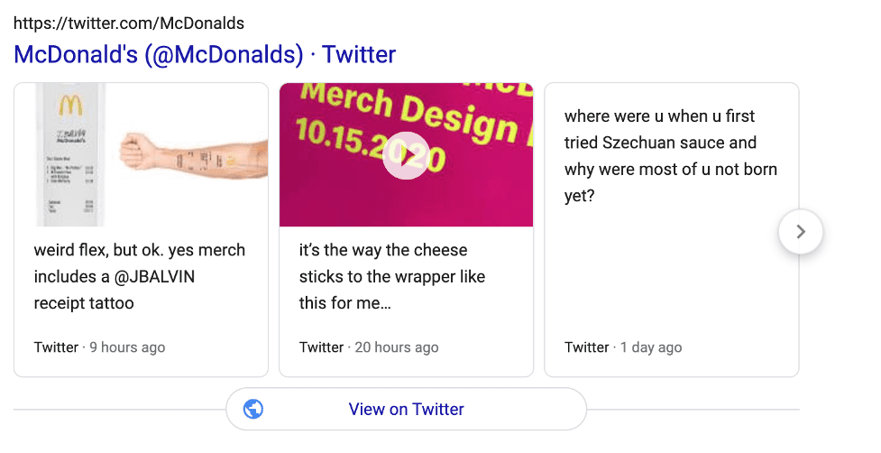 Screenshot of McDonalds tweets on Google Carousel